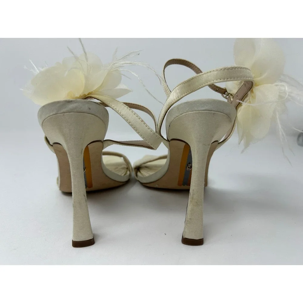 Sam Edelman Womens Ivory Satin Floral Feather Ankle Strap Heel Sandals Square 6